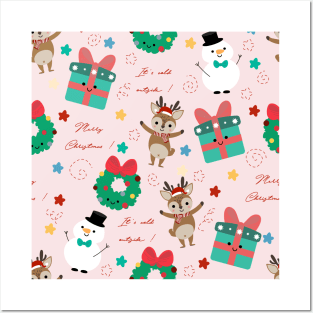 Cute deer and snowman with Christmas elements vector seamless pattern Posters and Art